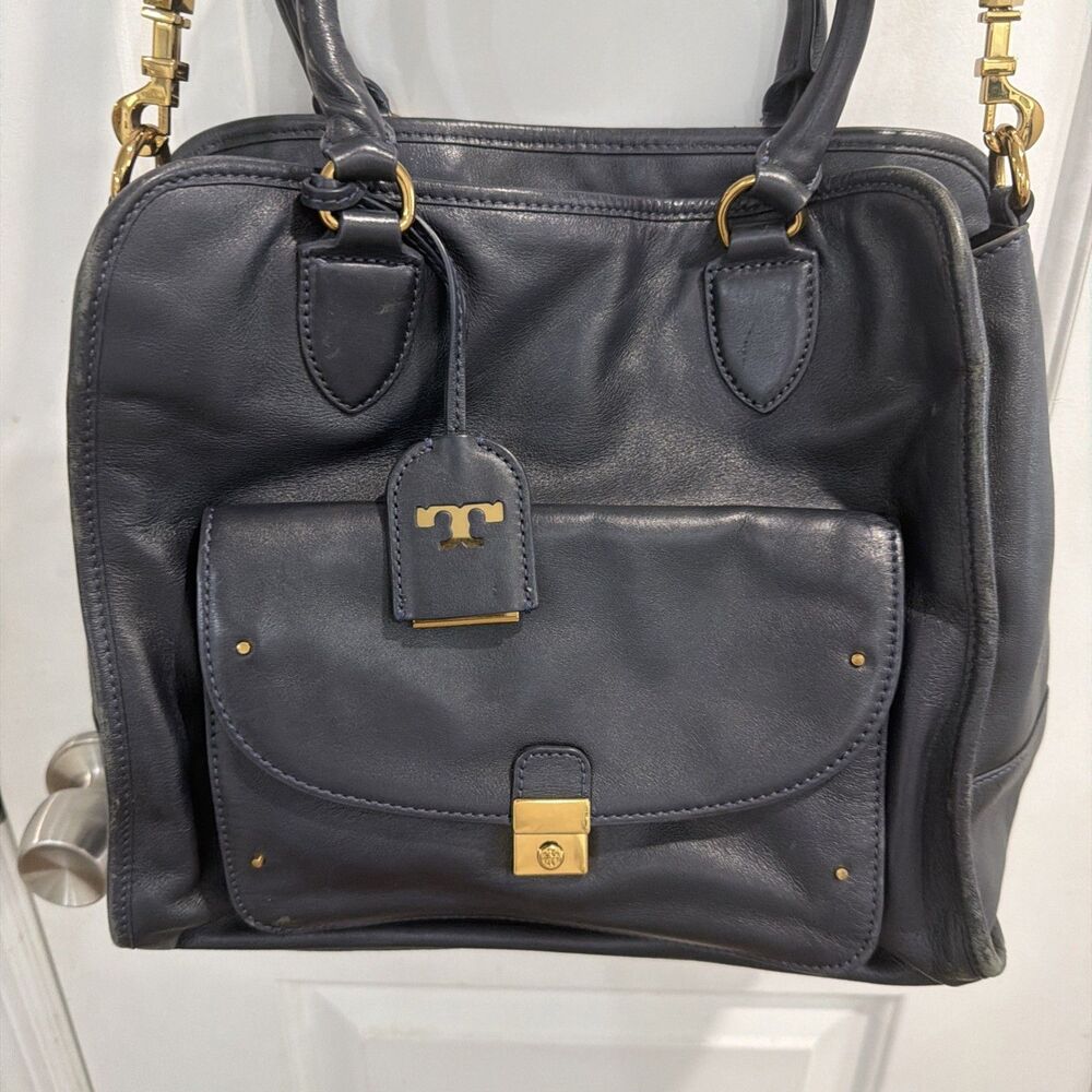 Tory Burch Navy Blue Leather Shoulder Bag/Tote - Brass Hardware
